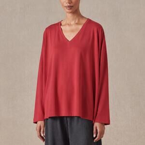 Eskandar Red Pima Cotton Oversized V-Neck T-Shirt One Size
